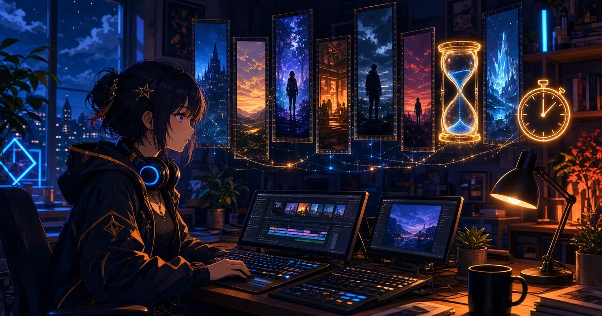 动漫插画：戴耳机的少女导演坐在夜晚剪辑台前，面前漂浮一排长短不一的竖屏剧集画面，旁边是发光的沙漏和秒表，蓝橙霓虹光，无文字