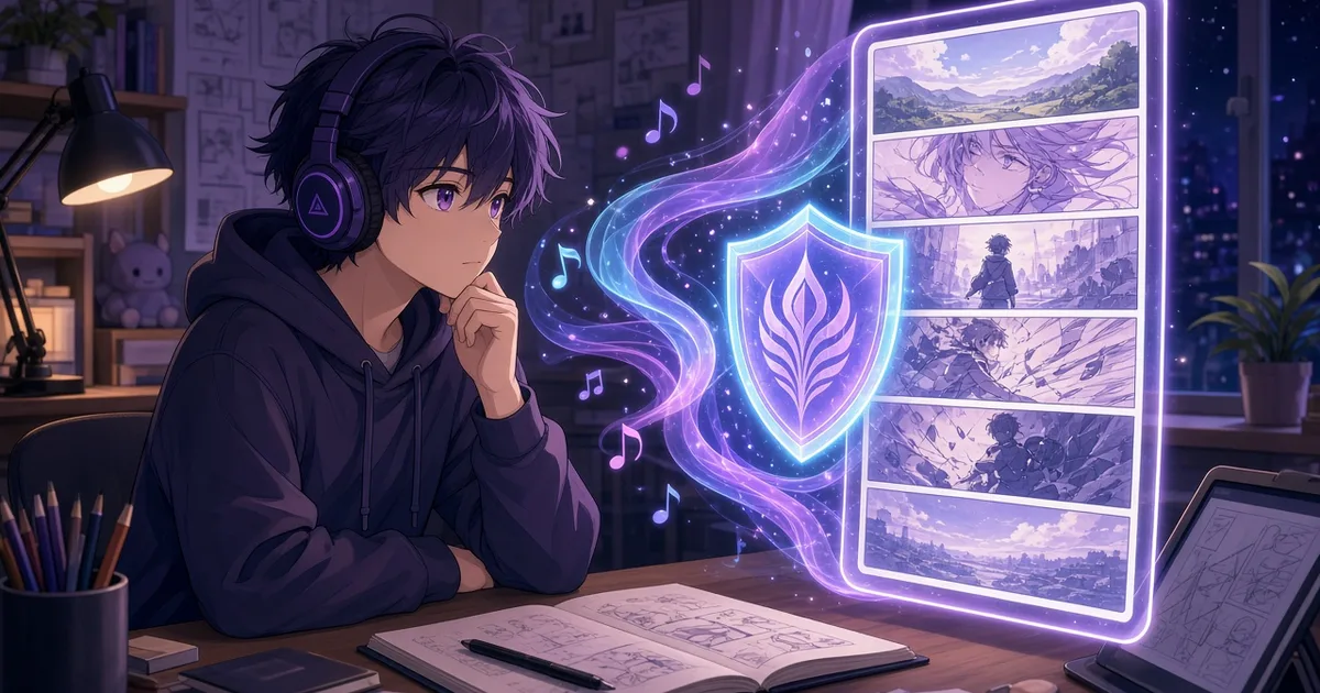动漫插画：戴耳机的少年创作者在夜晚工作室里，音符和声波缠绕着竖屏分镜，一枚发光盾牌护住音符，紫青色调，无文字
