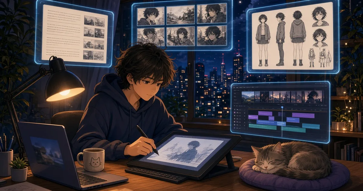 动漫插画：深夜独自在书桌前创作的年轻人，身边浮着剧本、分镜、角色设定和剪辑时间线