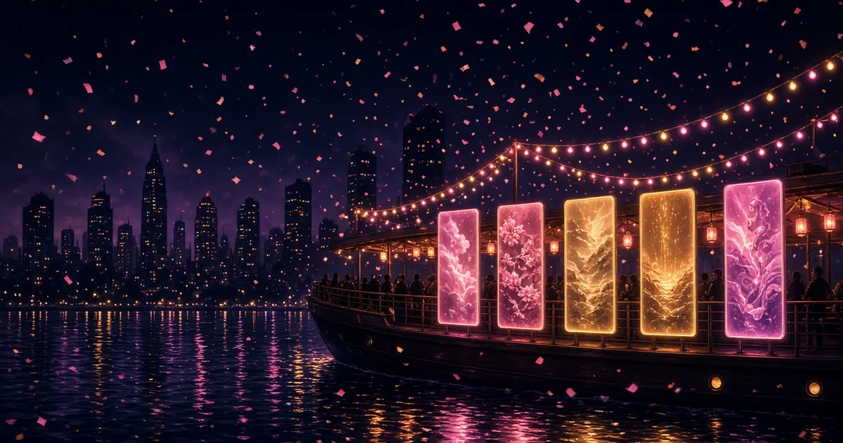 电影海报风插画：夜色河面上挂满彩灯的派对游船，甲板上立着五块发光竖屏，彩纸飘落，粉金色调，无文字无logo无真人