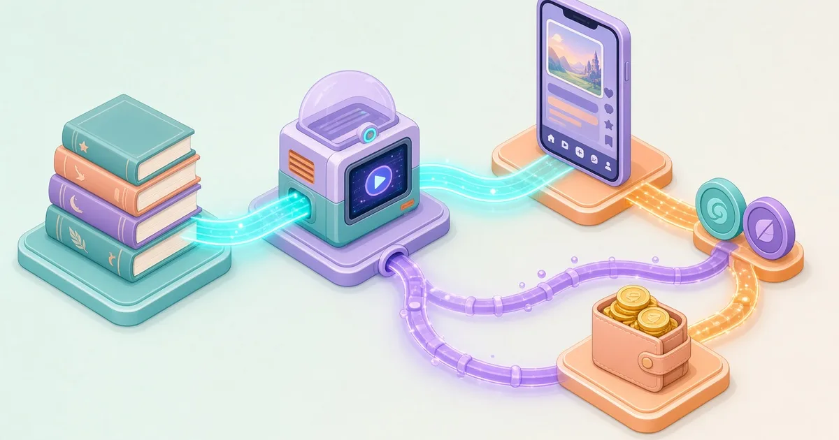 激励计划的闭环示意：IP 进入 AI 视频模型，成片在平台上线，奖金一半现金一半回流成算力
