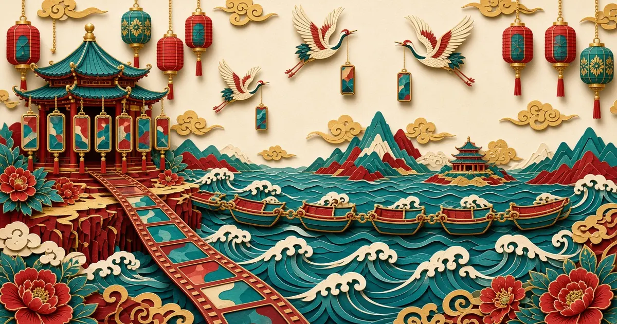 剪纸风插画：挂满竖屏灯笼的楼阁通向一条胶片铺成的路，船队连成桥越过海浪，纸鹤衔着小屏幕飞向远方岛屿
