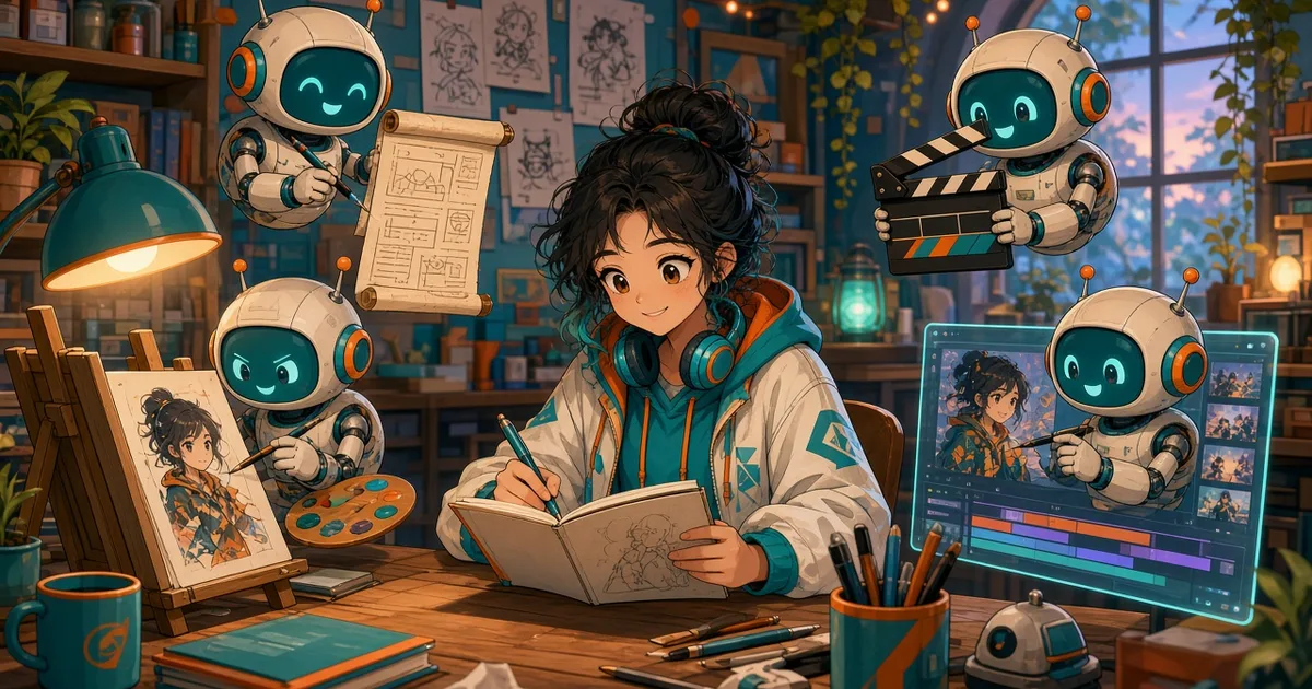 动漫风插画：创作者与AI助手团队一起做短剧