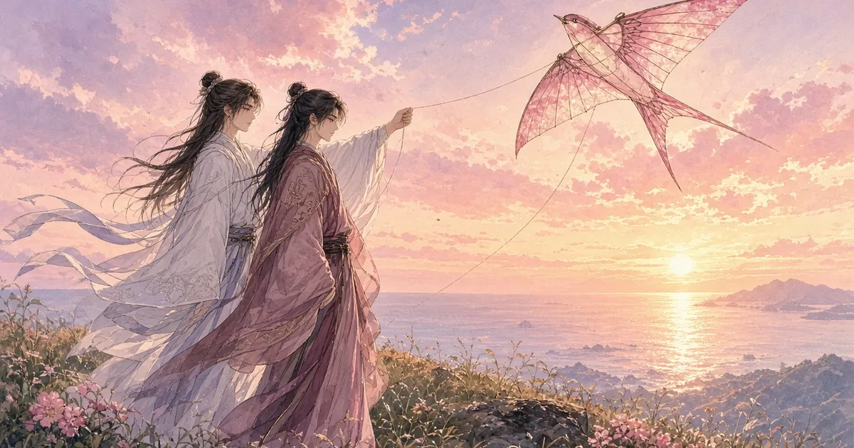 动漫风插画：古风双男主放飞纸鸢飘向海外